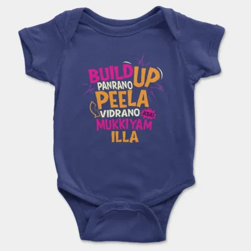 Buildup panrano, peela vidrano, athu mukkiyam illa onesie/romper in royal blue color