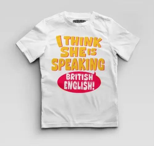 I think she is speaking british english boys round neck t-shirt in white color