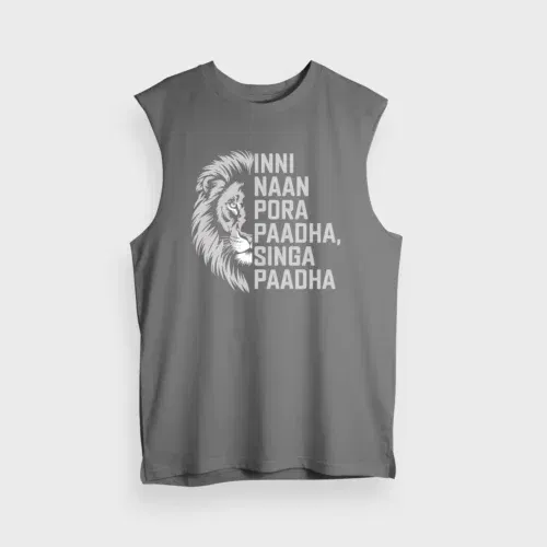 Inni naan pora paadha, singha paadhai men/unisex tank top in charcoal melange color