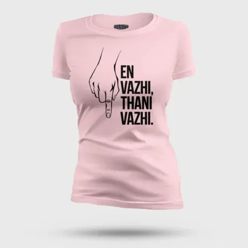En vazhi, thani vazhi (black) women's t-shirt in light baby pink color