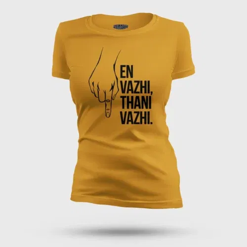En vazhi, thani vazhi (black) women's t-shirt in mustard yellow color