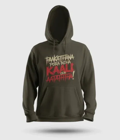 Paakaththana porra indha kaali oda aatatha men/unisex hoodie in olive green color