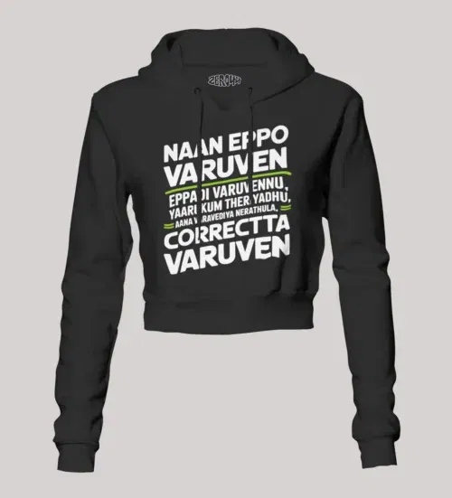 Naan eppo varuven, eppadi varuvennu, yaarukum theriyadhu women's crop hoodies in black color