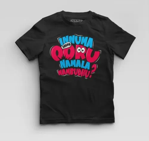Innuma indha ooru namala nambudhu boys round neck t-shirt in black color