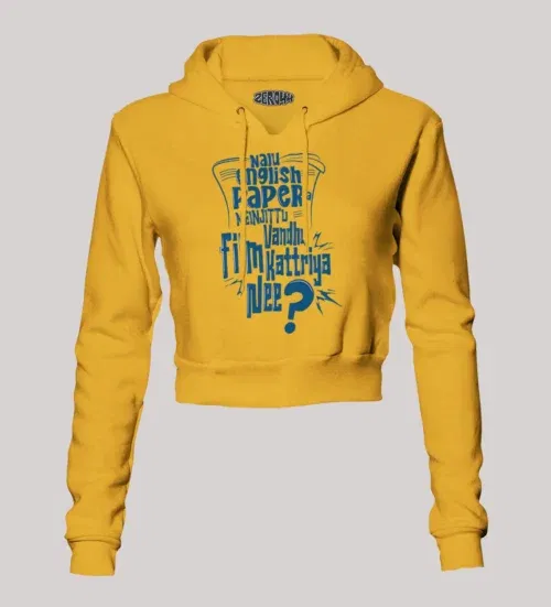 Nalu english paper meinjittu vandhu film kattriya nee women's crop hoodies in mustard yellow color