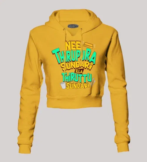 Nee thirupura sundari illa thiruttu sundari women's crop hoodies in mustard yellow color