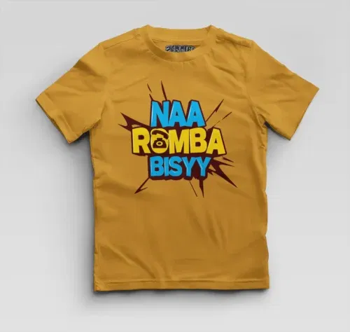 Naa romba bisyy boys round neck t-shirt in mustard yellow color