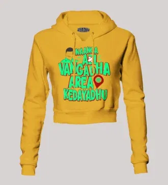 Naanga Adi Vangadha Area Ve Kedayadhu Women's Crop Hoodies in Mustard Yellow Color