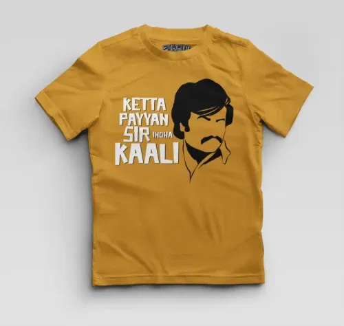 Ketta payyan sir indha kaali boys round neck t-shirt in mustard yellow color