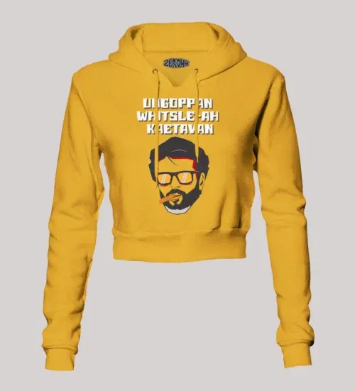 Ungoppan whistle ah kaetavan women's crop hoodies in mustard yellow color