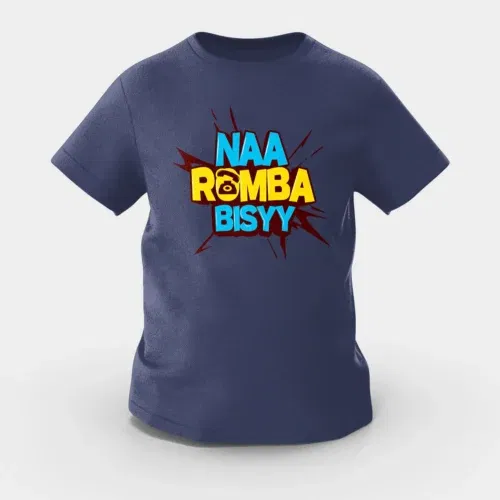 Naa romba bisyy girls round neck t-shirt in navy blue color
