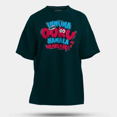 Innuma indha ooru namala nambudhu men/unisex oversized t-shirt in petrol blue color