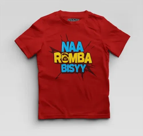 Naa romba bisyy boys round neck t-shirt in red color