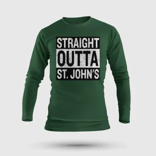 Straight outta st. Johns men/unisex long sleeve t-shirt in bottle green color