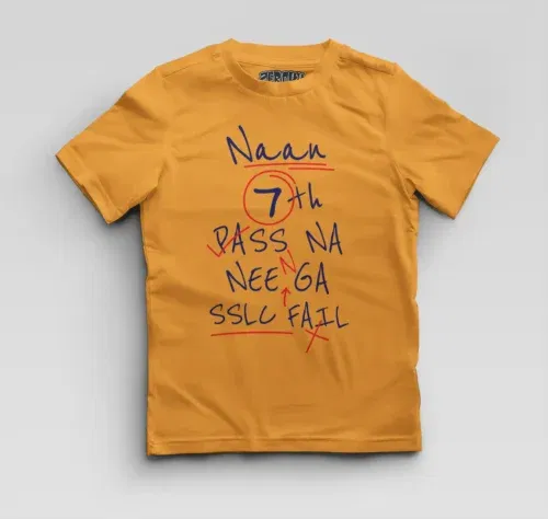 Naan 7th pass na, neenge sslc fail boys round neck t-shirt in golden yellow color