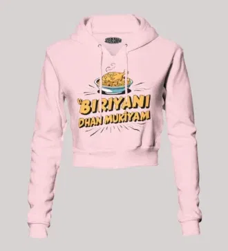 Biriyani Dhan Mukiyam Women's Crop Hoodies in Light Baby Pink Color