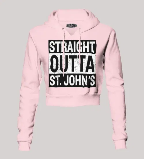 Straight outta st. Johns women's crop hoodies in light baby pink color