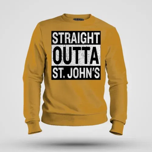 Straight outta st. Johns men/unisex sweatshirt in mustard yellow color