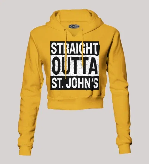 Straight outta st. Johns women's crop hoodies in mustard yellow color