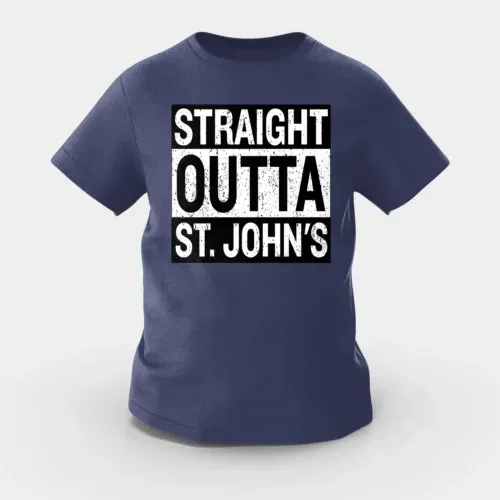 Straight outta st. Johns girls round neck t-shirt in navy blue color