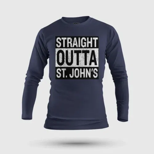 Straight outta st. Johns men/unisex long sleeve t-shirt in navy blue color
