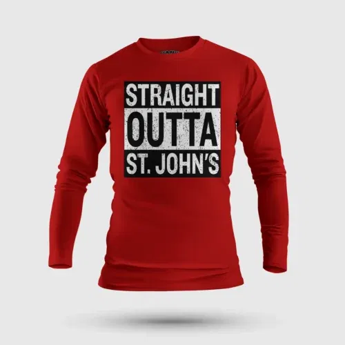 Straight outta st. Johns men/unisex long sleeve t-shirt in red color