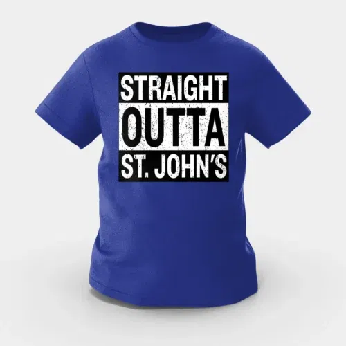Straight outta st. Johns girls round neck t-shirt in royal blue color