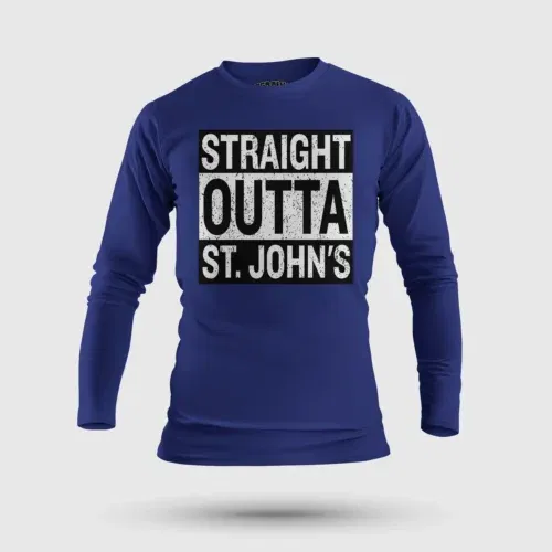 Straight outta st. Johns men/unisex long sleeve t-shirt in royal blue color