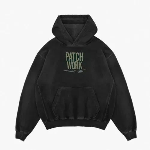 Patch work men/unisex acid wash hoodie in black color