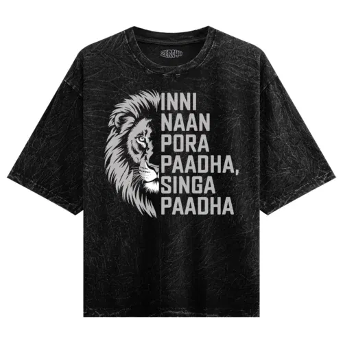Inni naan pora paadha, singha paadhai men/unisex acid wash oversized t-shirt in black color
