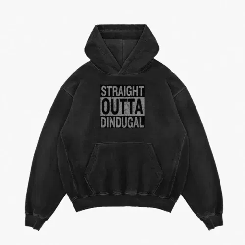 Straight outta dindugal men/unisex acid wash hoodie in black color