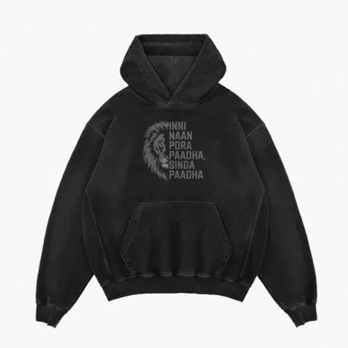 Inni naan pora paadha, singha paadhai men/unisex acid wash hoodie in black color