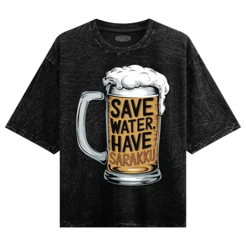 Save water and have sarakku men/unisex acid wash oversized t-shirt in black color