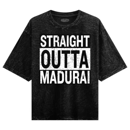 Straight outta madurai men/unisex acid wash oversized t-shirt in black color