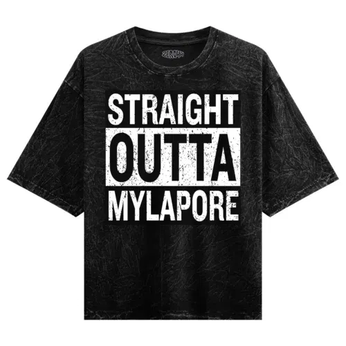 Straight outta mylapore men/unisex acid wash oversized t-shirt in black color