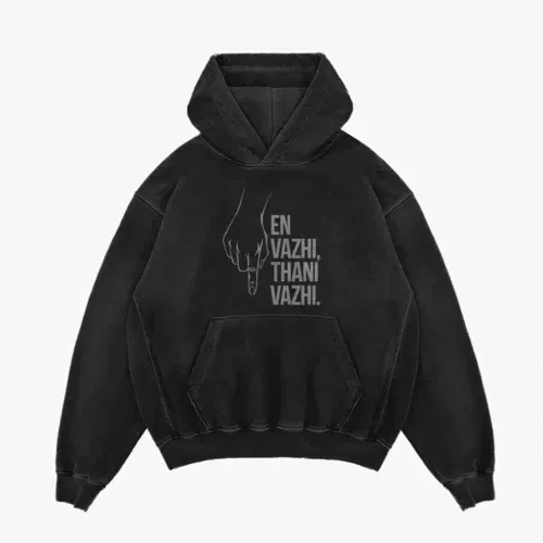 En vazhi, thani vazhi (white) men/unisex acid wash hoodie in black color