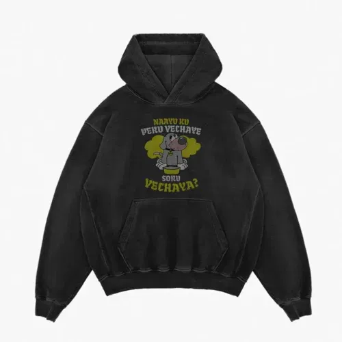 Naayu ku peru vachaye soru vachaye men/unisex acid wash hoodie in black color