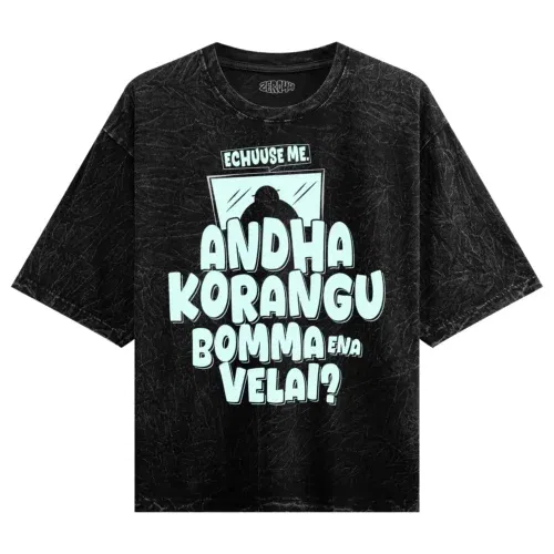 Echuuse me andha korangu bomma ena velai? Men/unisex acid wash oversized t-shirt in black color