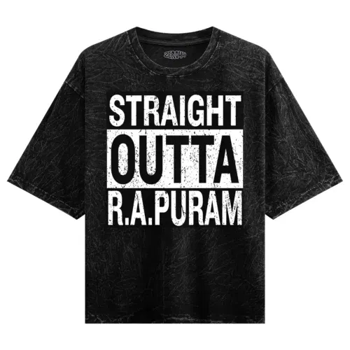 Straight outta r. A puram men/unisex acid wash oversized t-shirt in black color