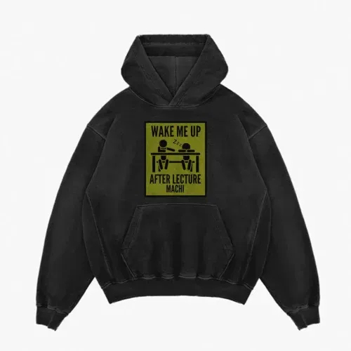 Wake me up after lecture machi men/unisex acid wash hoodie in black color