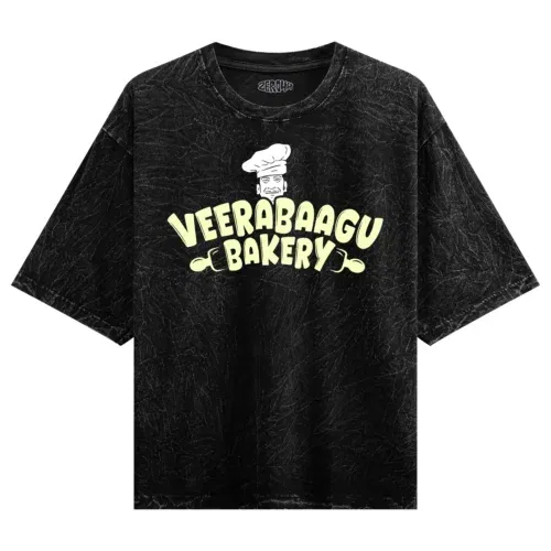 Veerabaagu bakery men/unisex acid wash oversized t-shirt in black color