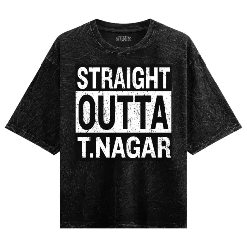 Straight outta t-nagar men/unisex acid wash oversized t-shirt in black color