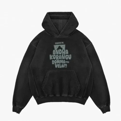 Echuuse me andha korangu bomma ena velai? Men/unisex acid wash hoodie in black color
