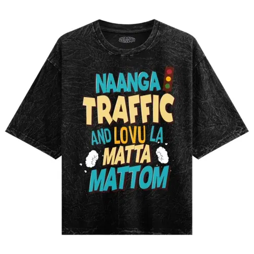Naanga traffic and lovu la matta mattom men/unisex acid wash oversized t-shirt in black color