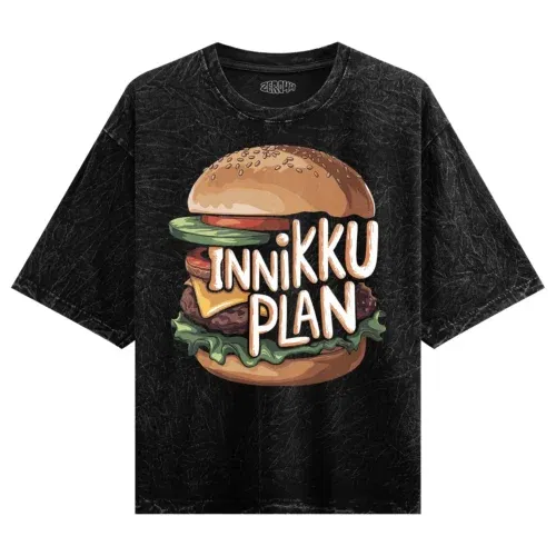 Innikki plan - burger men/unisex acid wash oversized t-shirt in black color