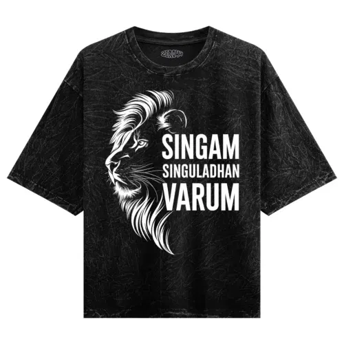 Singam singuladhan varum men/unisex acid wash oversized t-shirt in black color