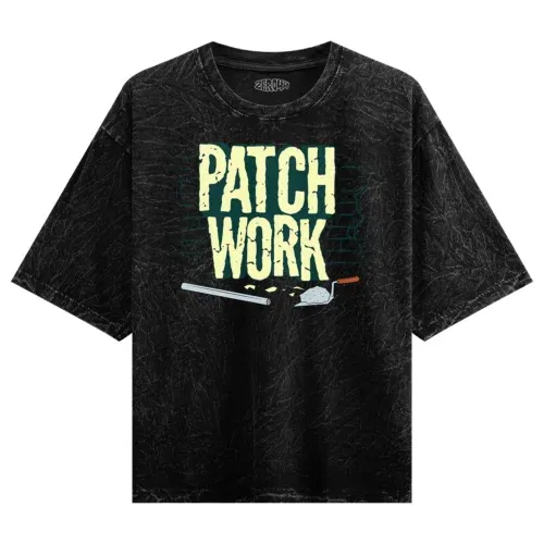 Patch work men/unisex acid wash oversized t-shirt in black color