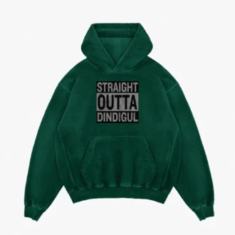 Straight Outta Dindigul Men/Unisex Acid Wash Hoodie in Bottle Green Color