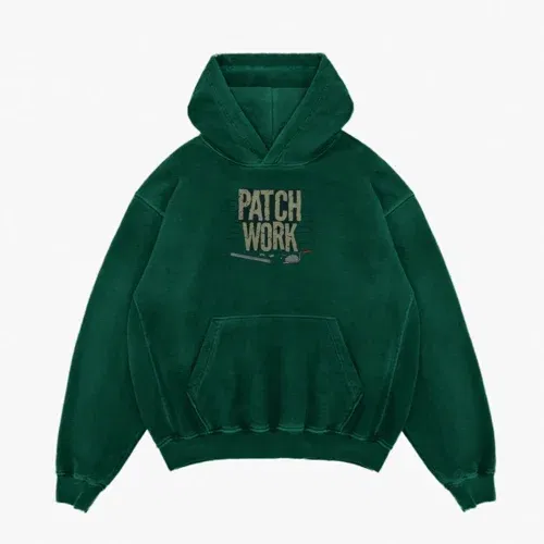 Patch work men/unisex acid wash hoodie in bottle green color