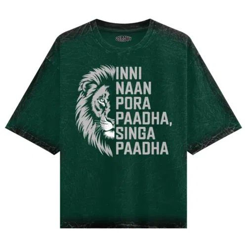 Inni naan pora paadha, singha paadhai men/unisex acid wash oversized t-shirt in bottle green color